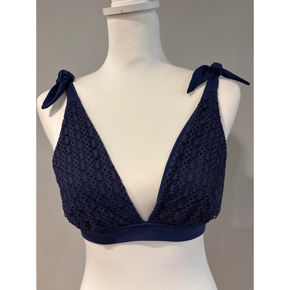 Navy Blue Crochet Triangle Bikini Top Adjustable Tie Straps Navy Eyelet Swim M